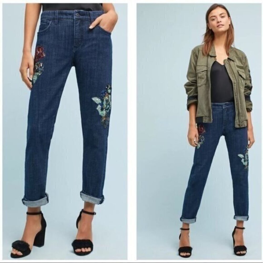 Anthropologie Sequin Floral Slim Boyfriend Jean